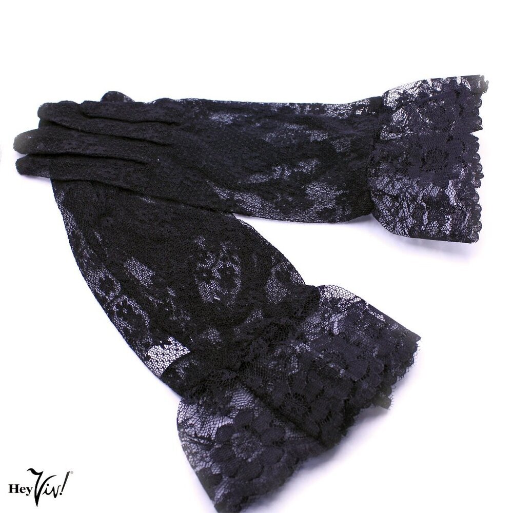 Black Lace Gloves Wrist Length w Ruffle Dressy Weddings Party Bridal Prom - Picture 3 of 5